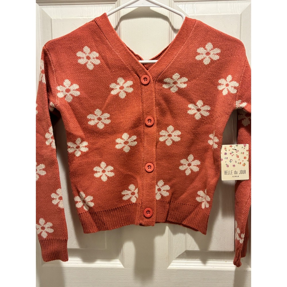 Belle Du Jour Girls Reversible Cardigan Sweater Orange White Daisy Floral Size S